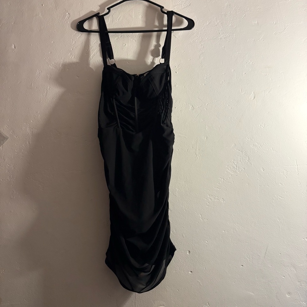 Oh Polly Black Mesh Ruched Bodycon Dress Strappy Sheer Midi Small Size us 6